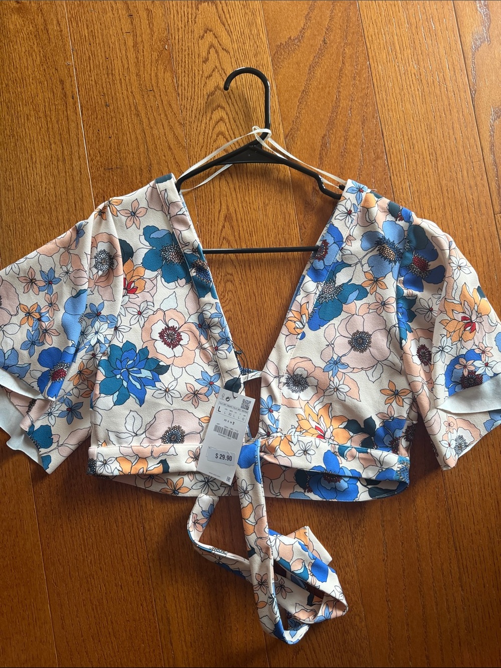 Zara Blue and Peach Floral Tie-Front Crop Top